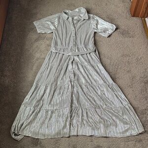 Premier Amour Metallic Silver Button Down Tiered Dress SIZE 16